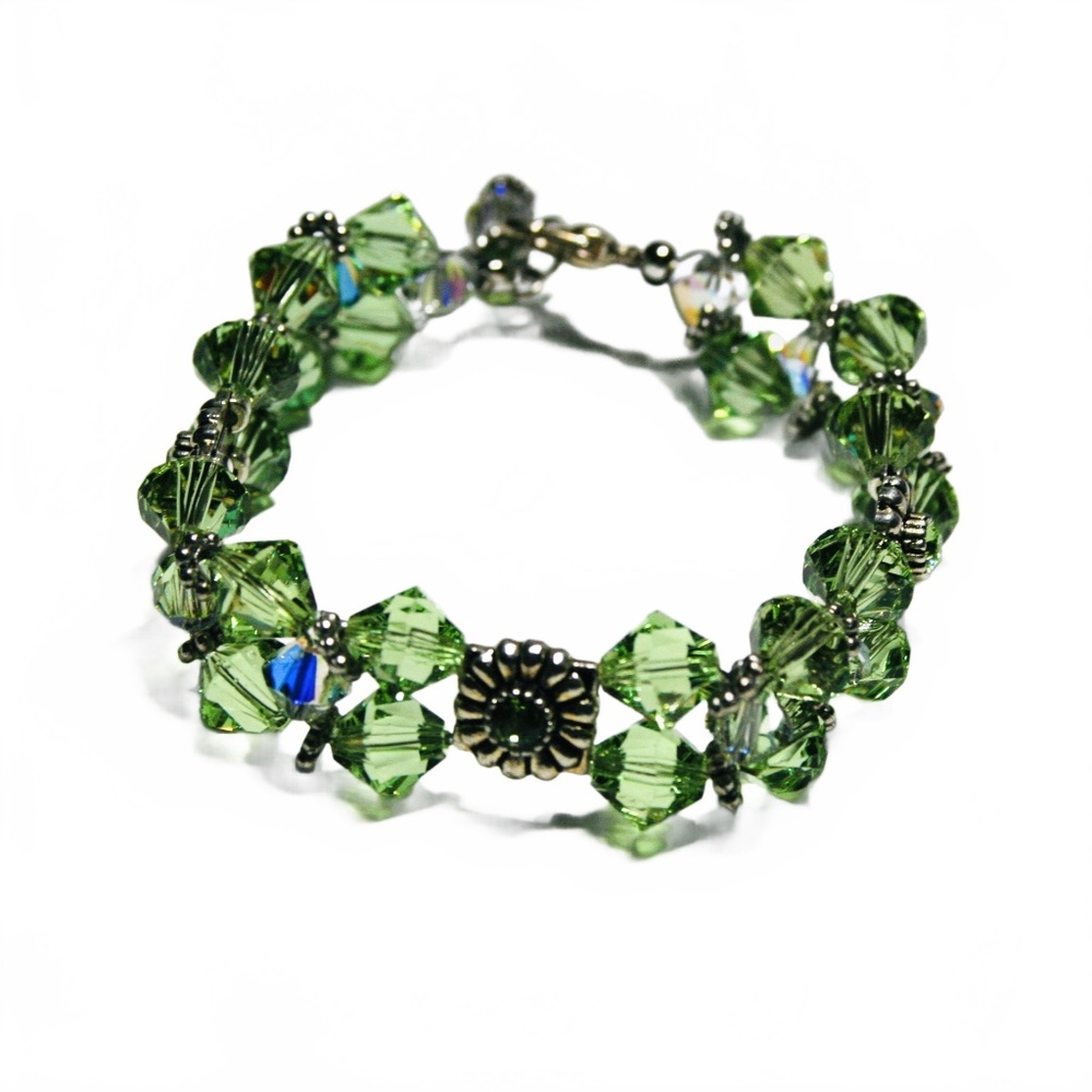 Artisan Bracelet with Swarovski Crystals in Green and AB Clear